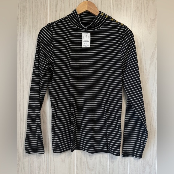 J. Crew Black Perfect-Fit Ribbed Striped Button Turtleneck. Size Medium NWT - Picture 1 of 3
